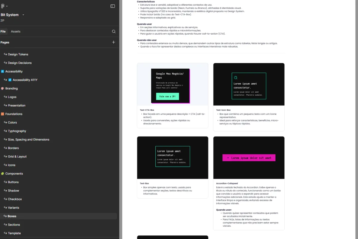Biblioteca de componentes do Bit System com cards, accordions e elementos de conteúdo