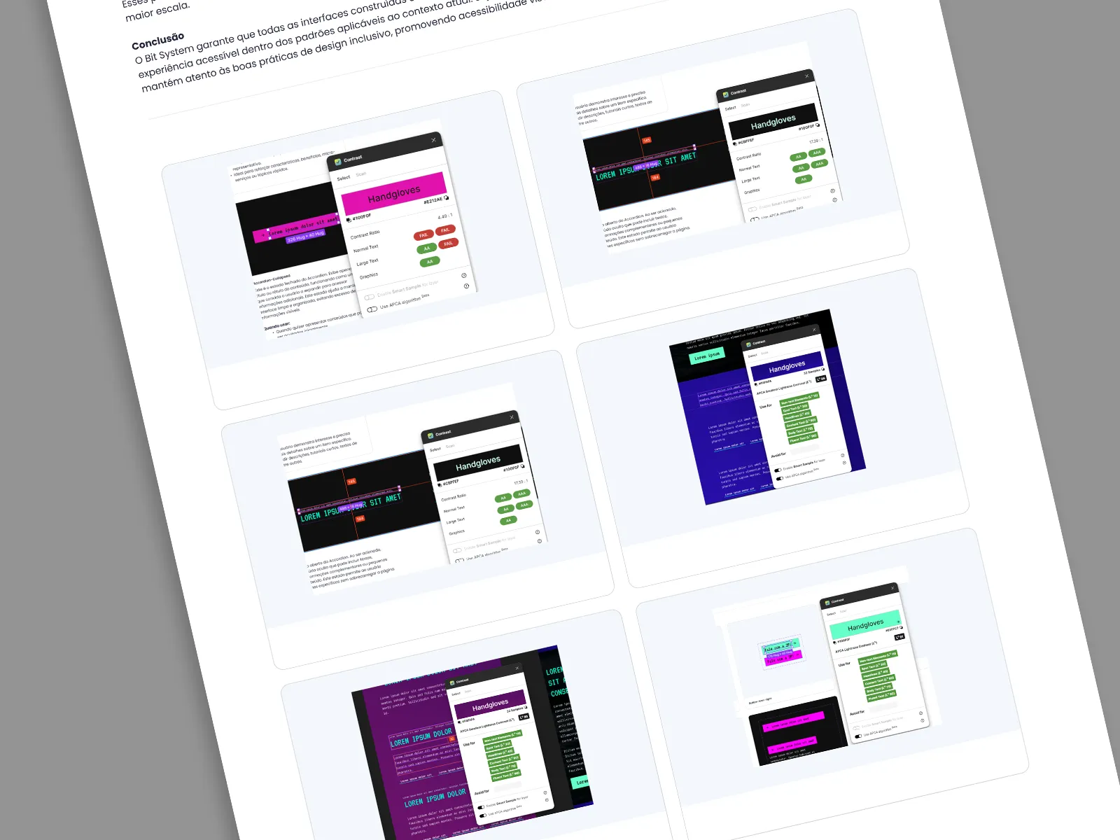 Documentação de acessibilidade do Bit System com testes de contraste e validações WCAG