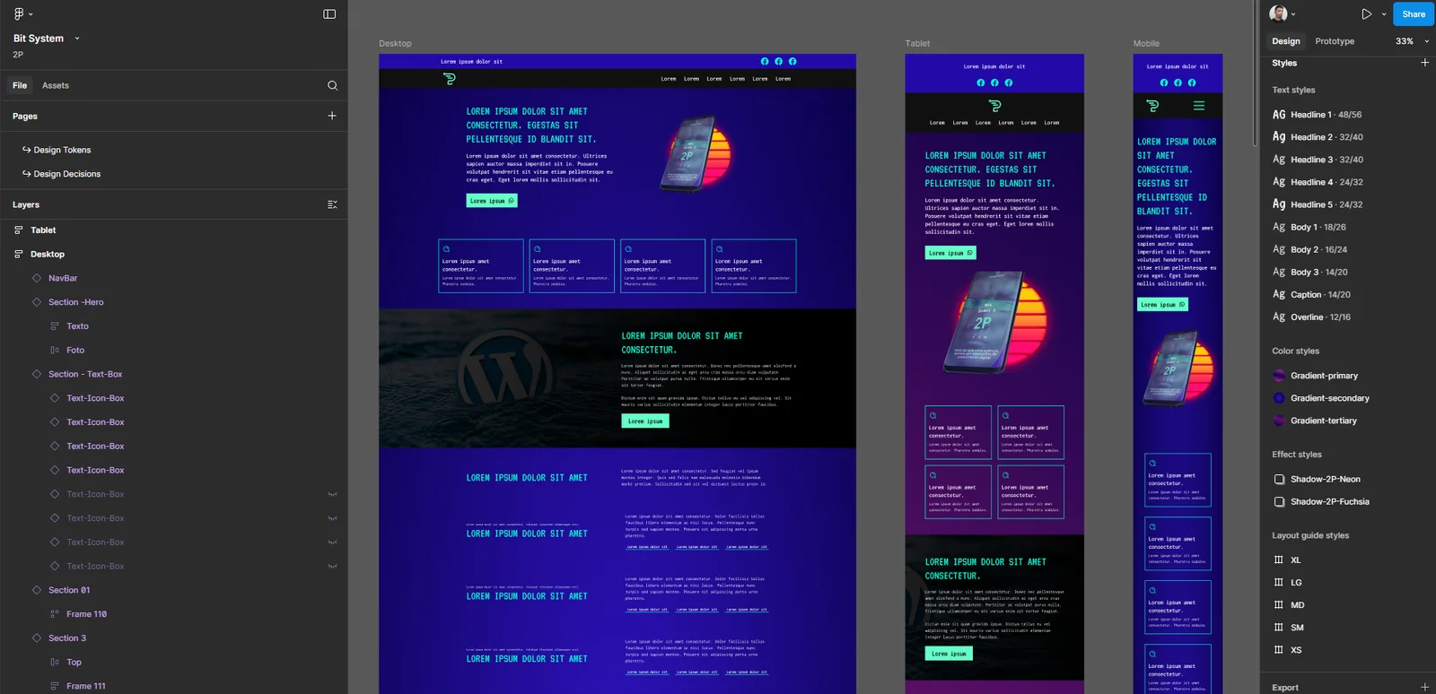 Visão geral do Bit System no Figma mostrando componentes, tipografia e paleta de cores