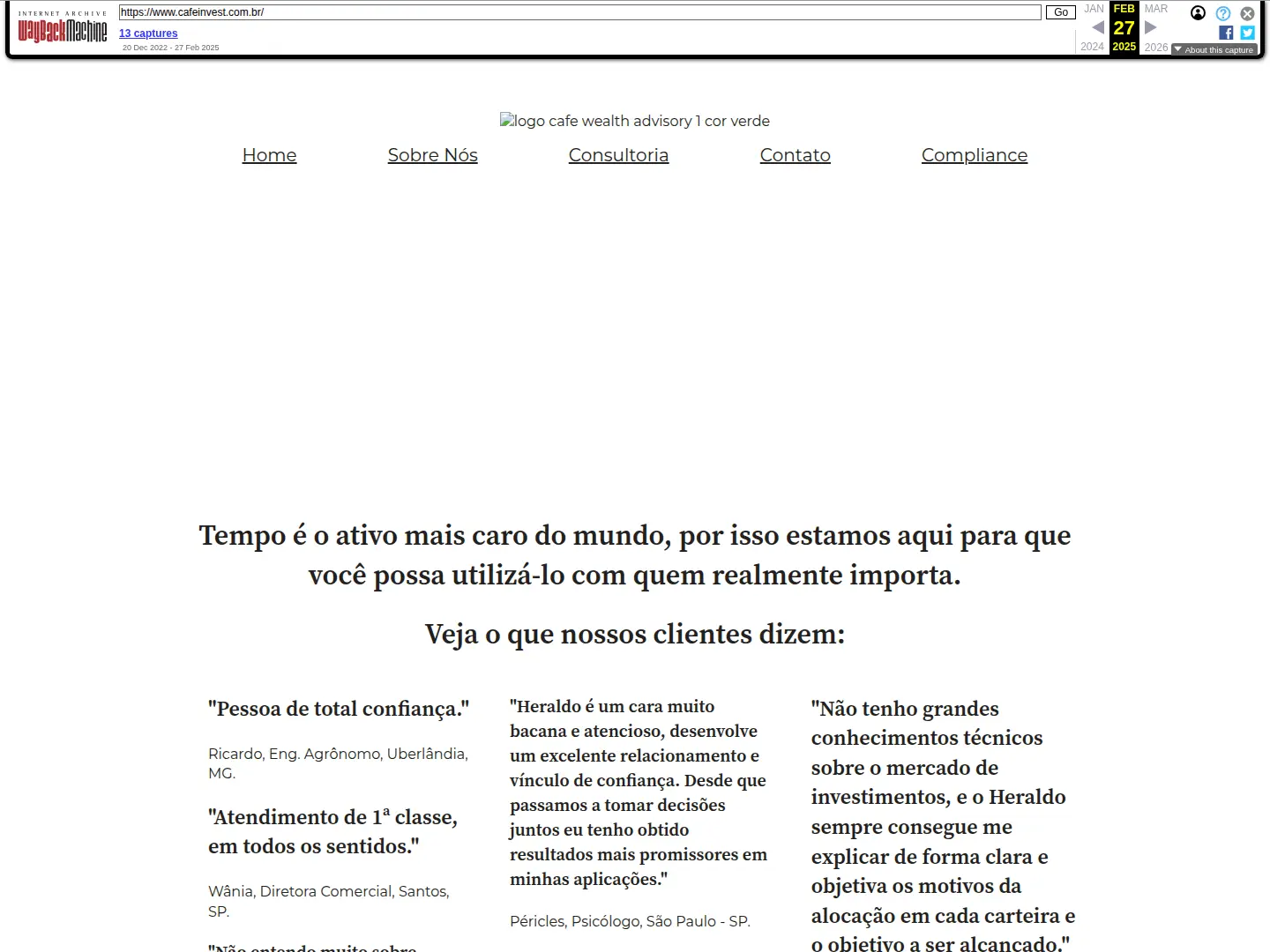 Registro parcial do site anterior da Café Invest no Wayback Machine