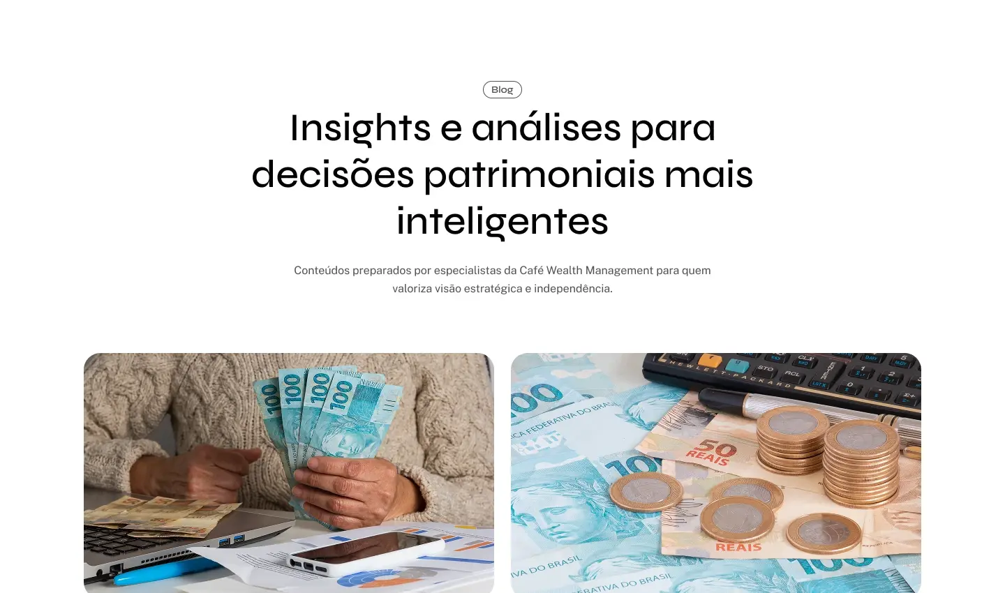 Área de insights da Café Wealth Management com dois cards de artigos