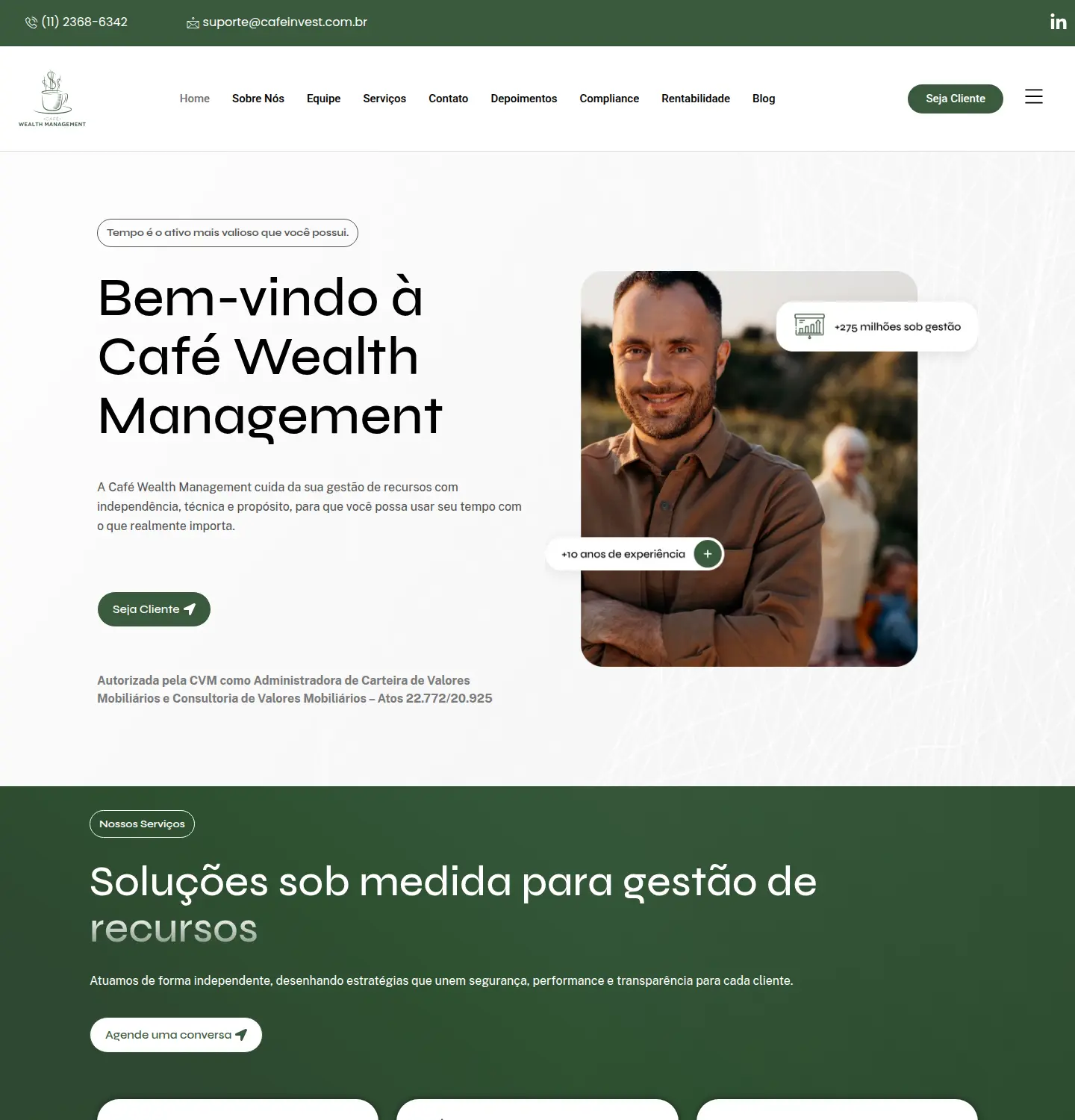 Home publicada da Café Wealth Management, com apresentação institucional e início dos serviços