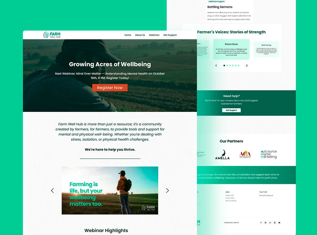Interface do Farm Well Hub mostrando a plataforma web com design verde e acessível