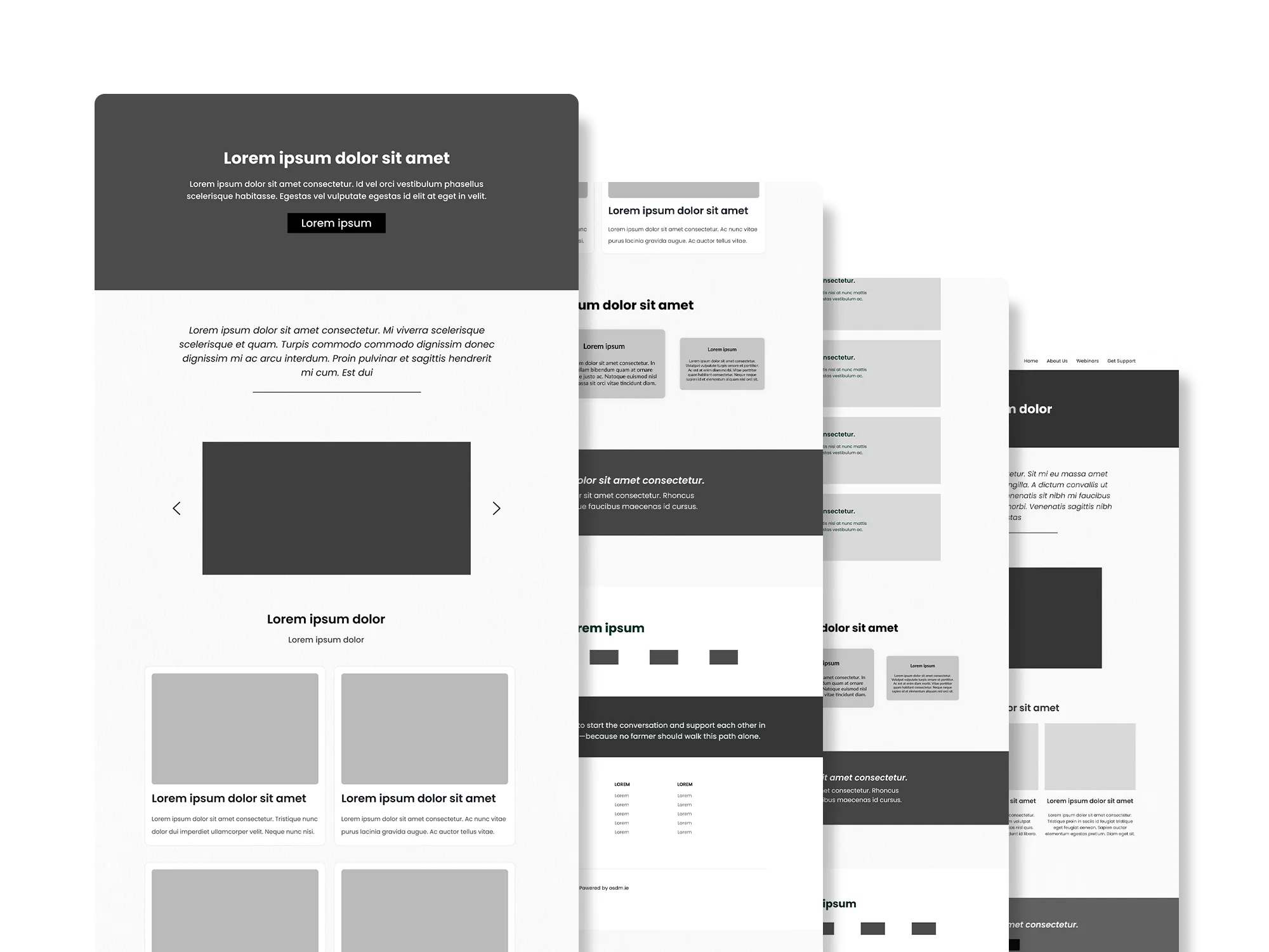 Wireframe do Farm Well Hub mostrando estrutura de navegação e hierarquia de conteúdo