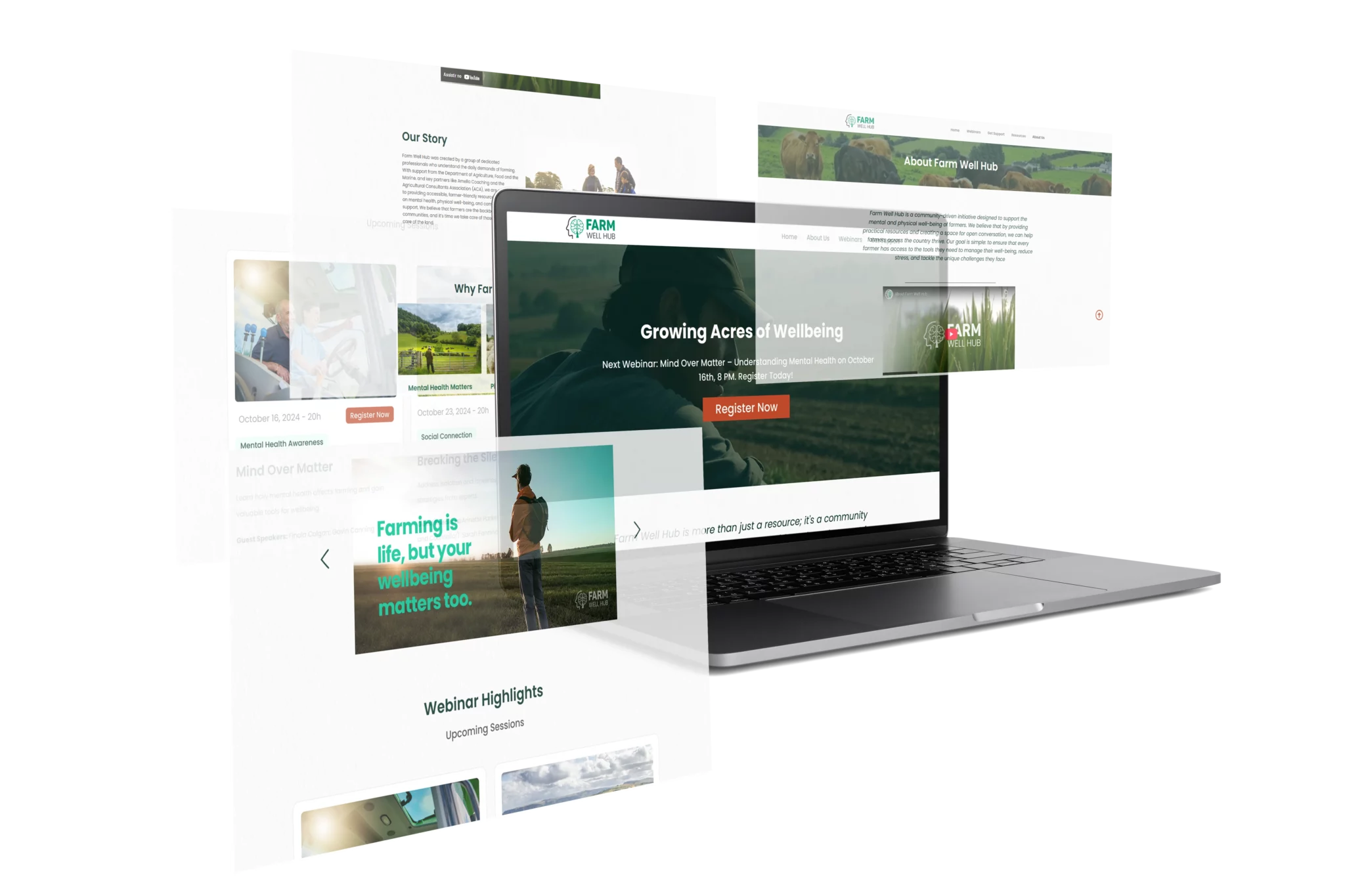 Interface final do Farm Well Hub em produção mostrando página de webinars