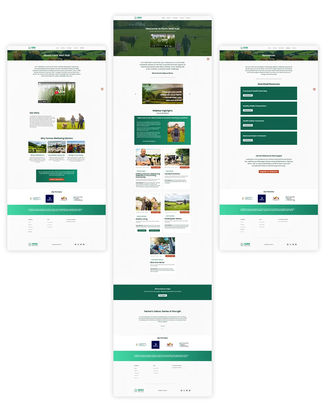 Conjunto de telas do Farm Well Hub mostrando diferentes páginas da plataforma