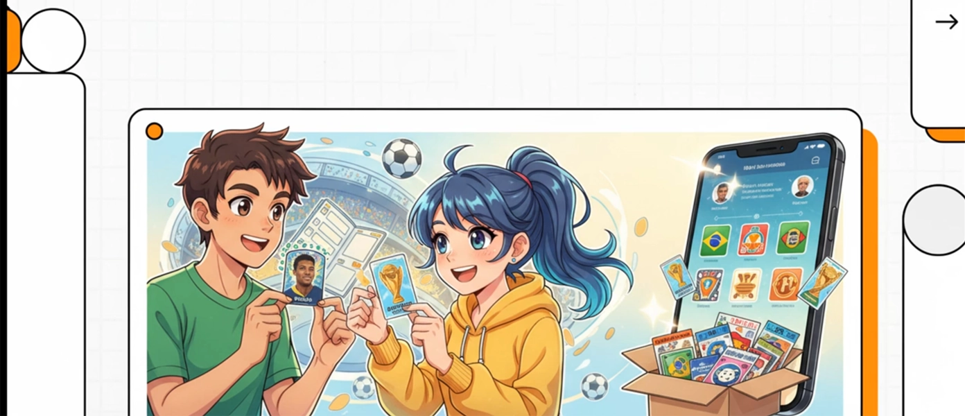 Visão geral da plataforma Mercado das Figurinhas com tela de matches e grid do álbum