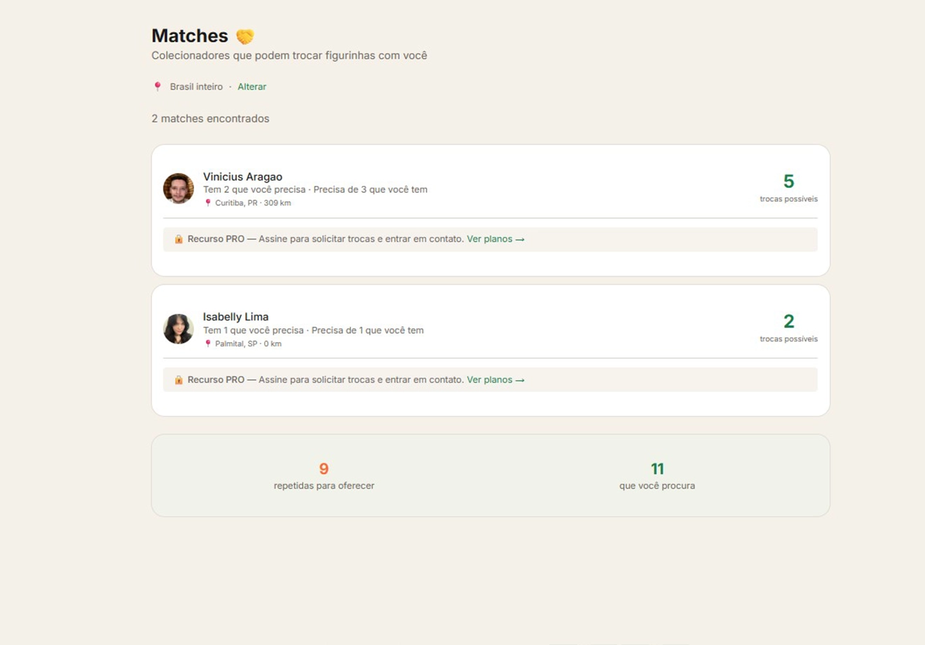 Lista de matches mostrando colecionadores próximos com figurinhas em comum