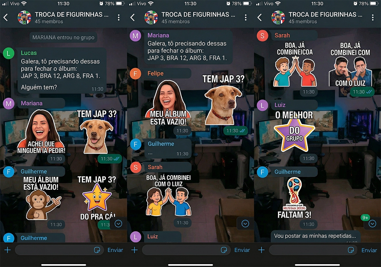 Grupos de WhatsApp caóticos com listas de figurinhas repetidas e faltantes