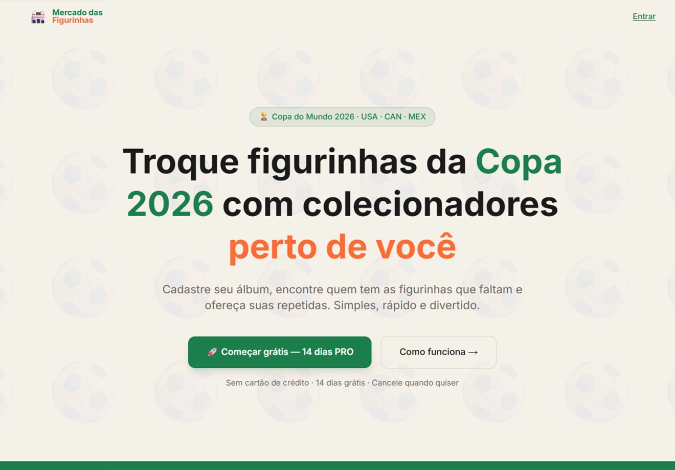 Landing page do Mercado das Figurinhas com hero, features e pricing