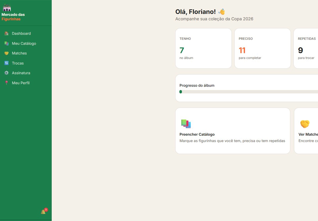 Tela inicial do Mercado das Figurinhas com acesso ao álbum e aos matches