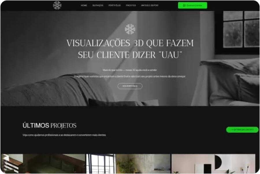 Hero otimizado: headline 'Visualizações 3D que fazem seu cliente dizer UAU' em destaque