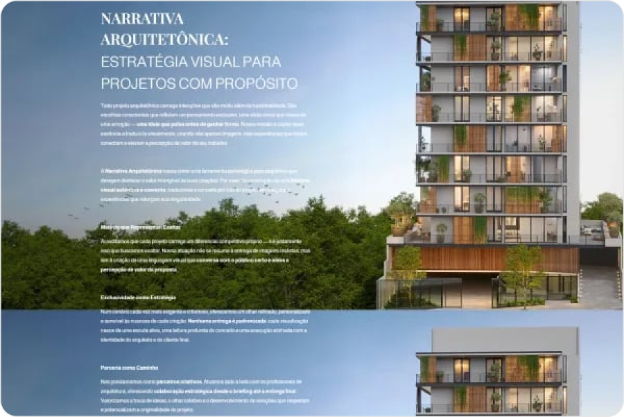 Terceira dobra original: seção 'Narrativa Arquitetônica' com texto longo e sem engajamento