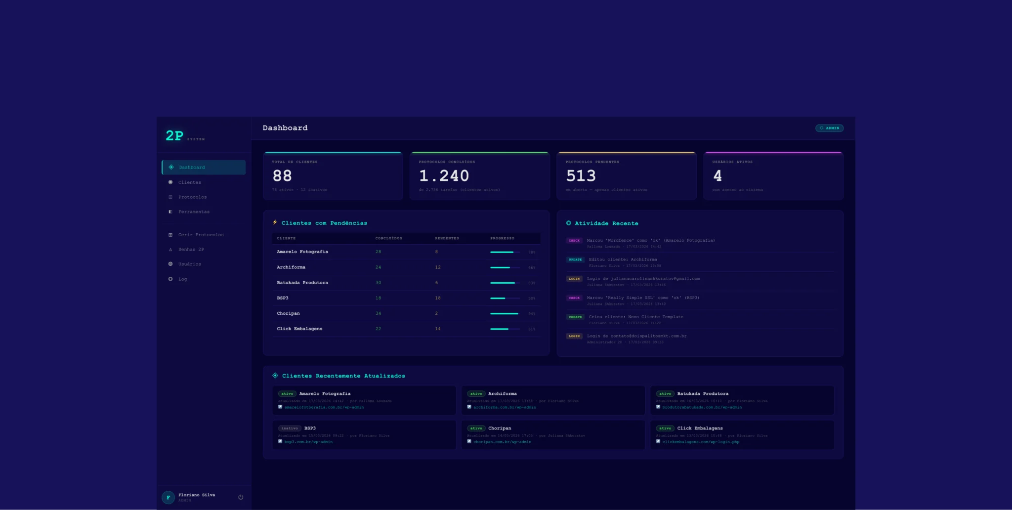 Interface do sistema Web Dev 2.0 mostrando painel de clientes com protocolos e dados organizados
