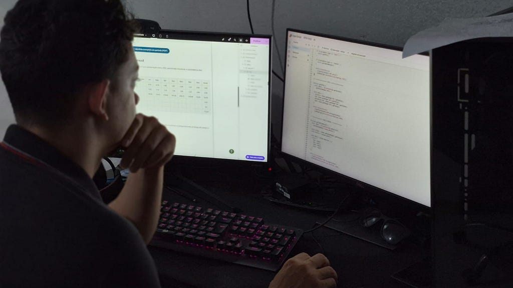 Floriano Silva trabalhando com dados e código em dois monitores